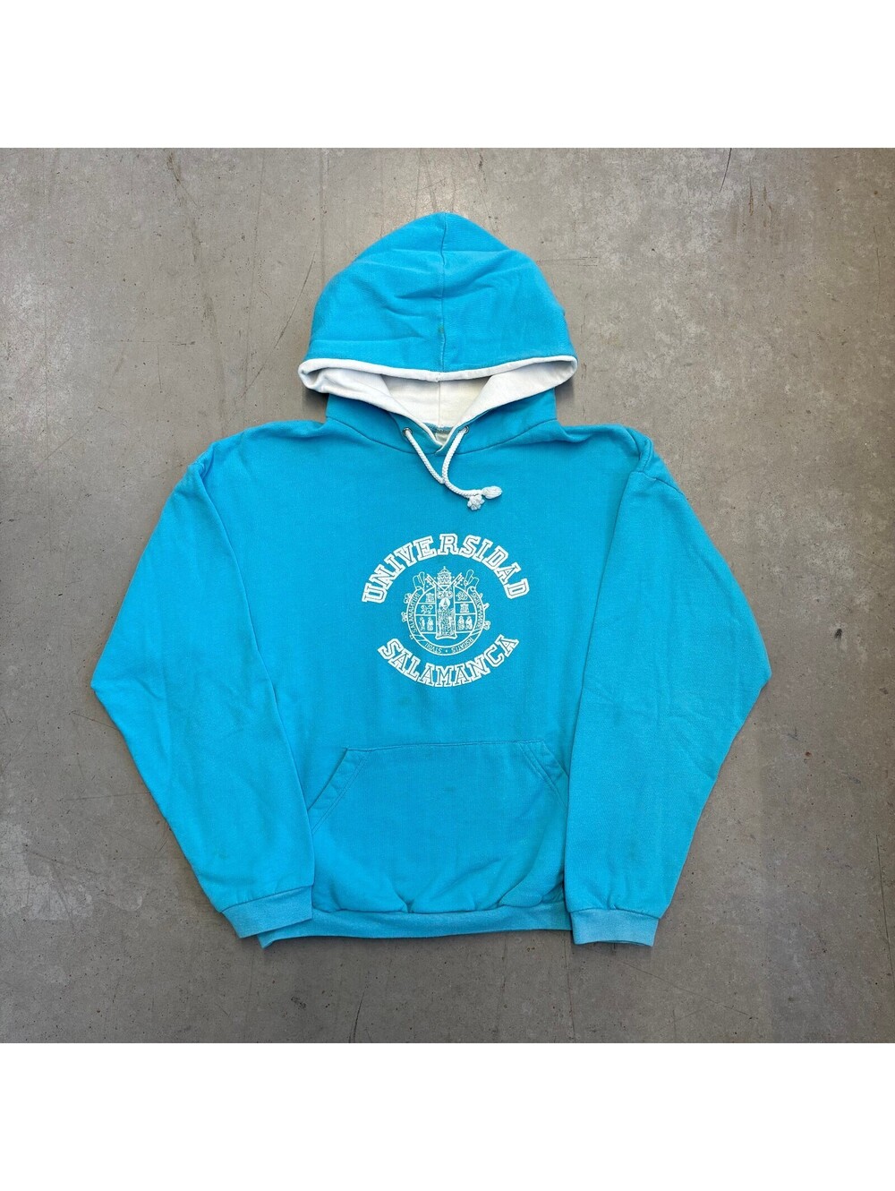 Vintage 80s Universidad Salamanca Collegiate Crest Logo Flawed Hoodie Large Blue